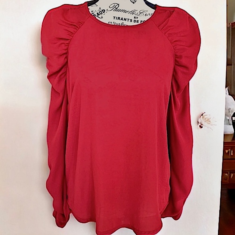Who What Wear Ruched Long Sleeve Puff Shoulders Red Top Women’s Size Extra Small